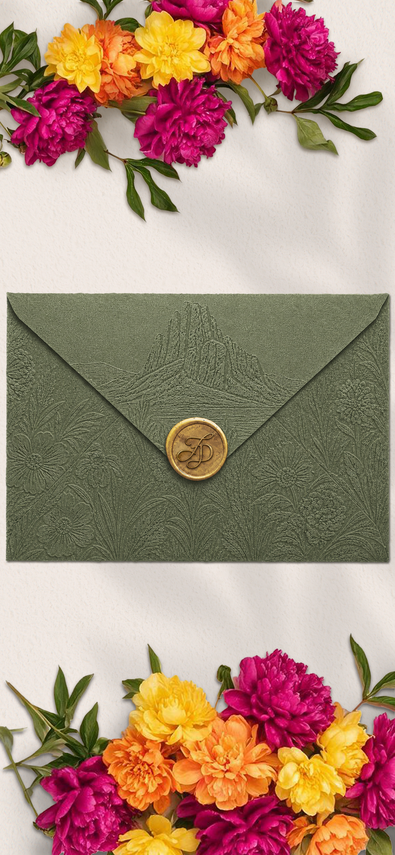 Sobre verde con relieve floral y sello dorado, sobre papel claro enmarcado por flores rosas, amarillas y naranjas.