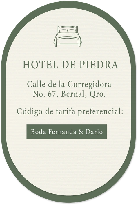 Hotel de Piedra. Calle de la Corregidora No. 67, Bernal, Querétaro. Código de tarifa preferencial: Boda Fernanda & Dario.